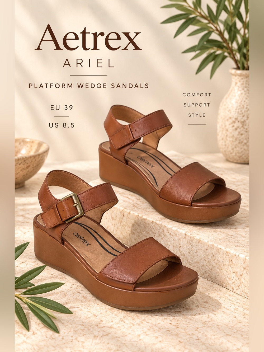 Aetrex Ariel Women’s Leather Platform Wedge Sandals Brown EU 39 US 8.5